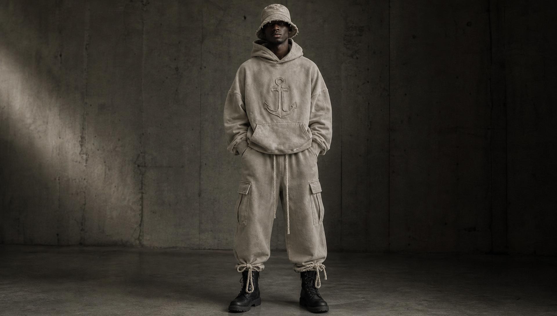 PATENTED Autumn/Winter campaign — model in bone anchor tracksuit and bucket hat