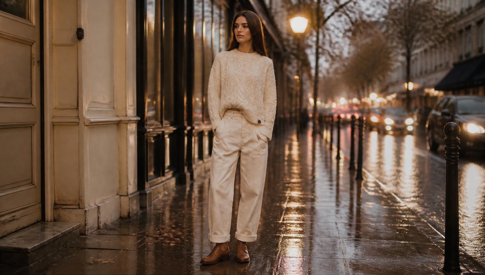 Model in cognac croc-embossed leather bomber on a wet urban street