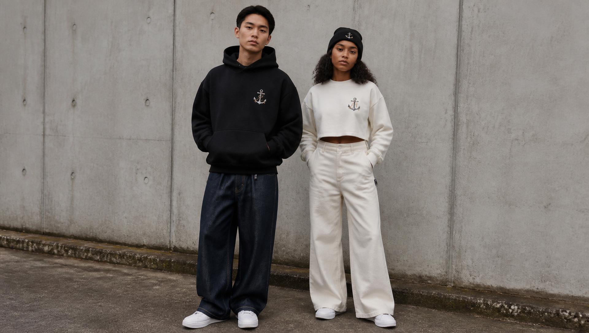 Two models in PATENTED anchor-branded outerwear on an urban street